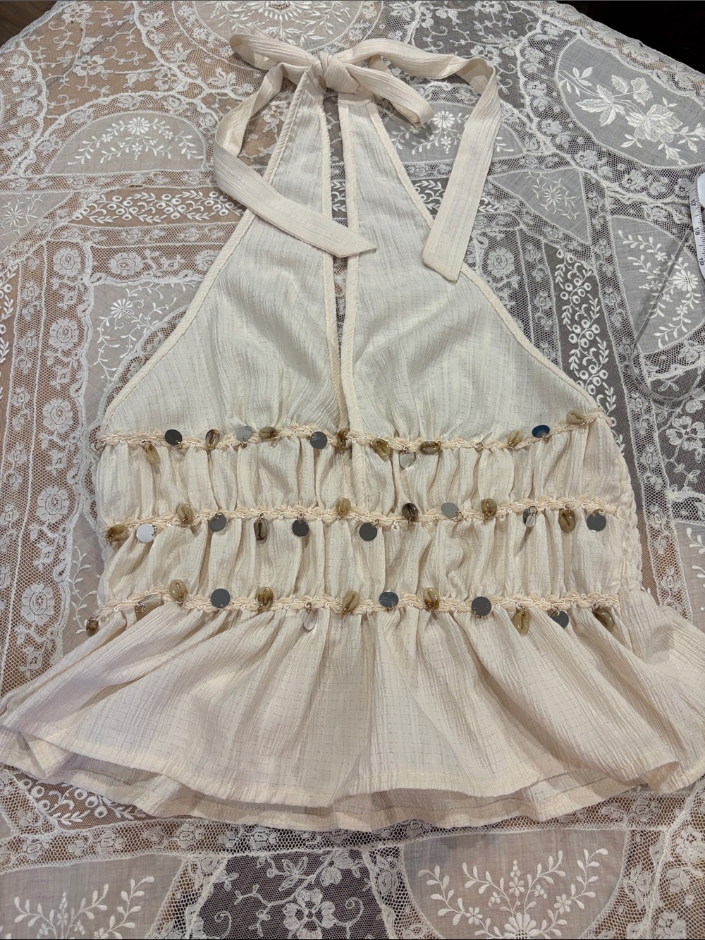 Cream Halter Crop Top with Sequin Accents